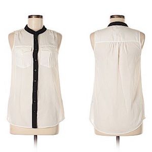 J.CREW Sleeveless Button Down Preppy Blouse With Black Piping Detail Ivory Sz 0